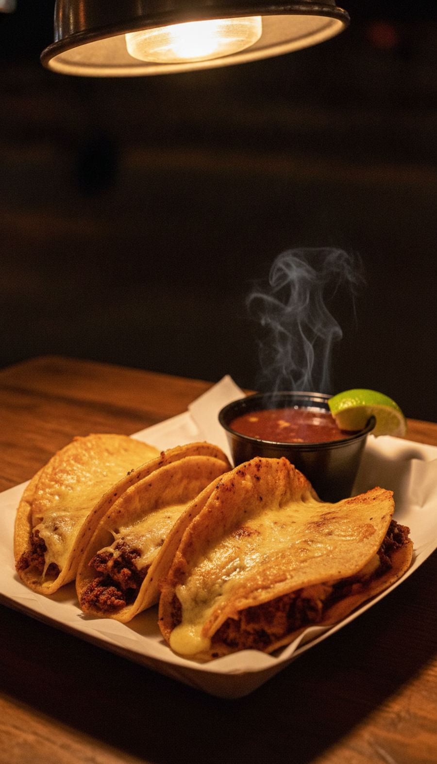 Birria tacos on a paper tray with consomé, under a food-truck work light