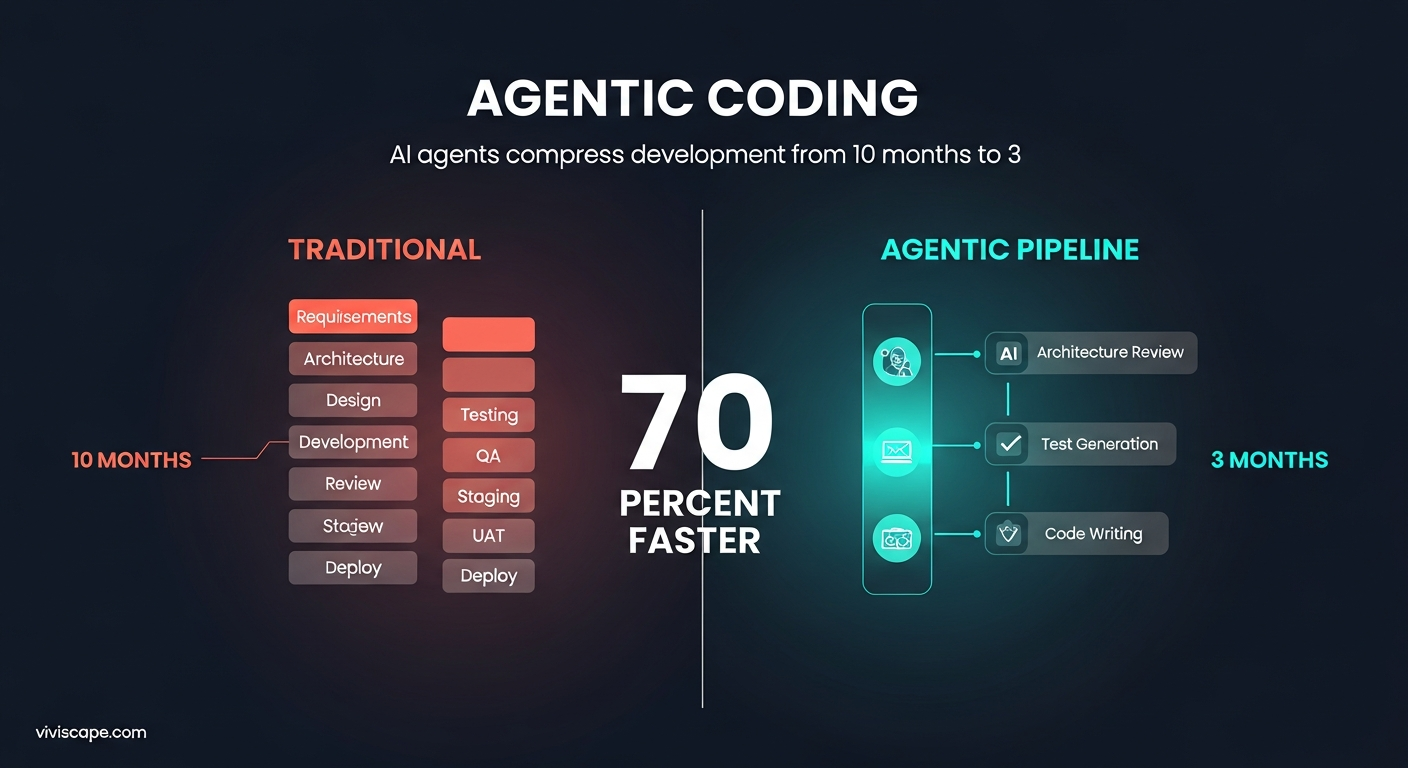 Split view showing traditional software development timeline of 10 months versus agentic coding pipeline delivering in 3 months with AI agents handling architecture review, test generation, and code writing
