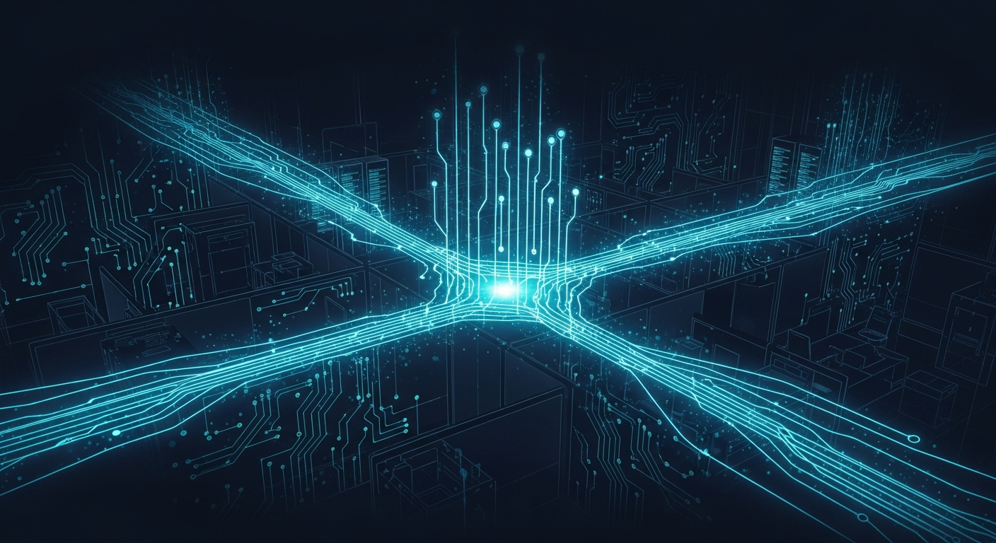 Visual metaphor of AI becoming invisible infrastructure like electricity or cloud computing