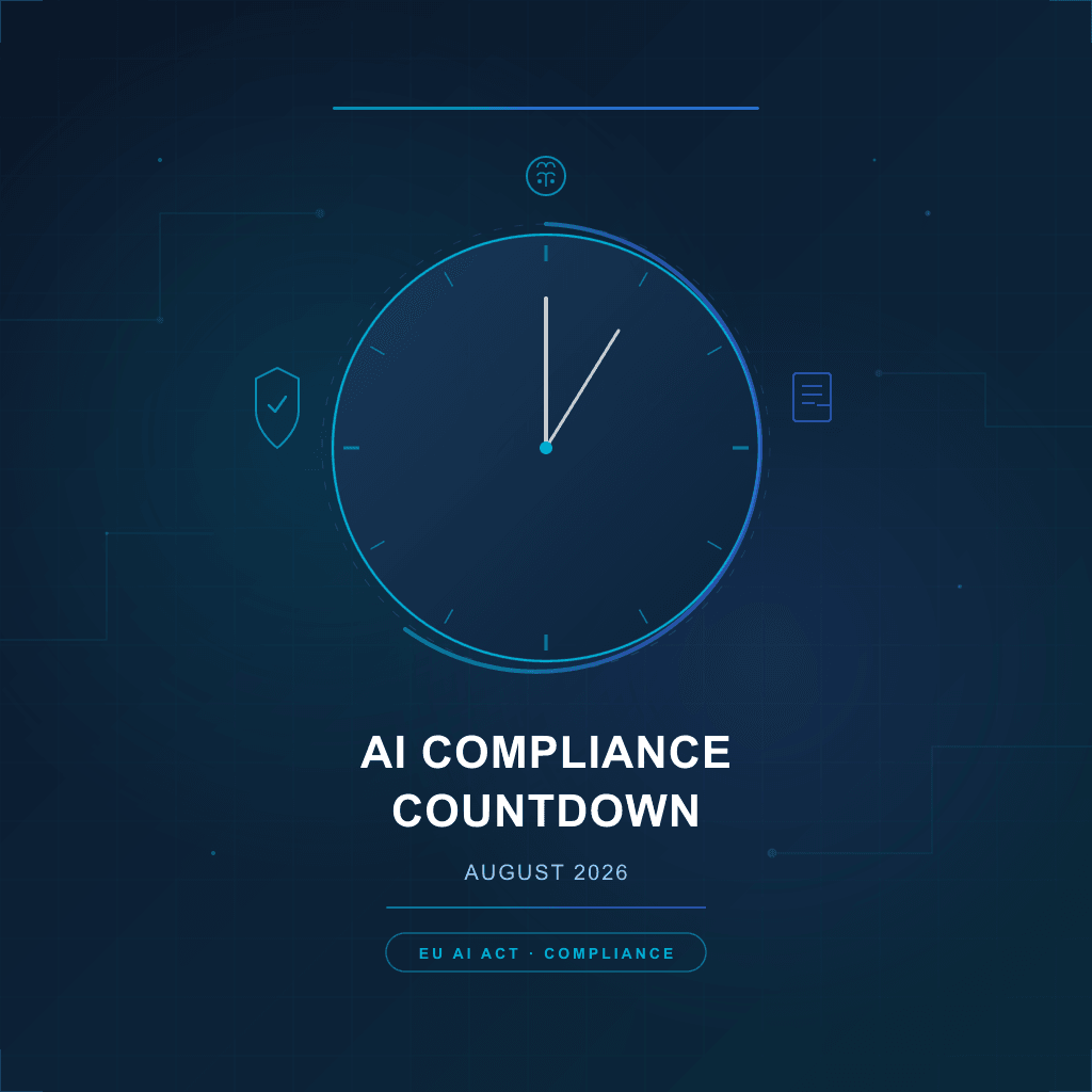 AI compliance regulatory countdown with legal documents and digital governance frameworks