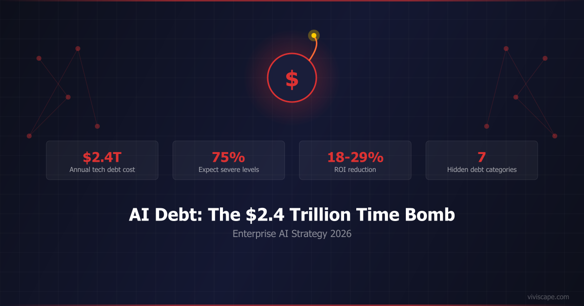 AI debt crisis visualization showing $2.4 trillion technical debt cost with 75% of enterprises expecting severe levels in 2026