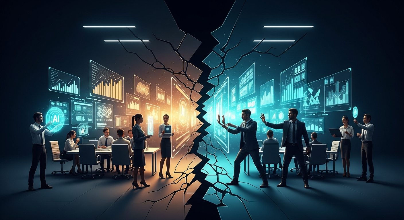 Organizational conflict visualization showing enterprise teams divided over AI strategy with competing priorities and power dynamics