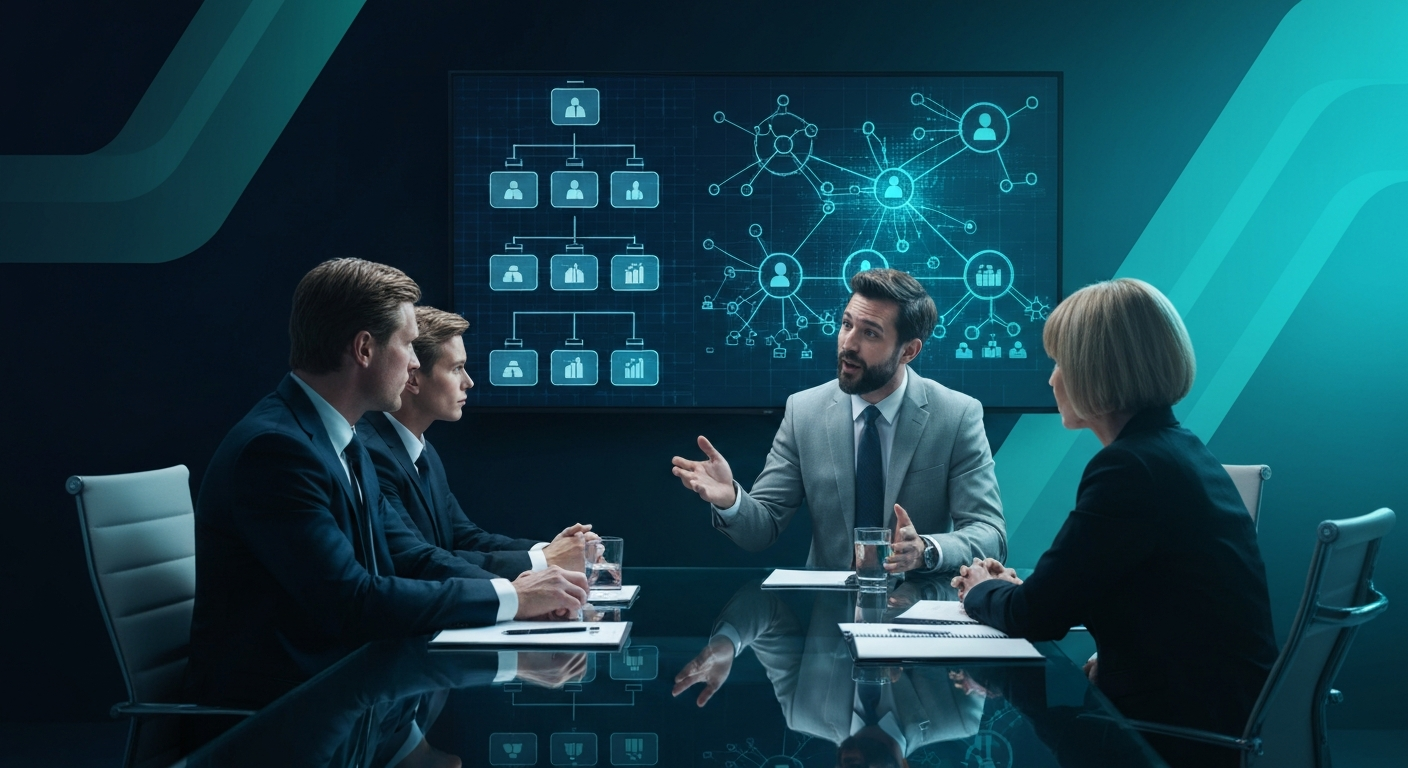Executive boardroom with Chief AI Officer presenting enterprise AI organizational strategy on a large screen