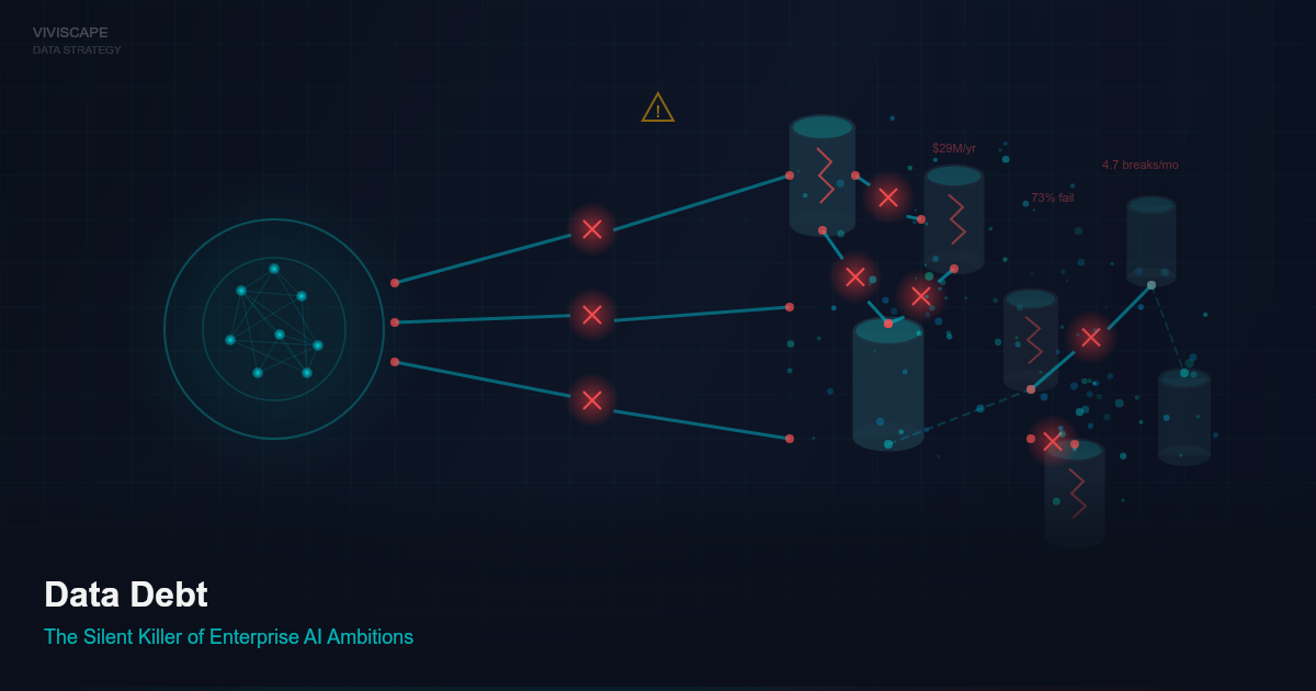 Data infrastructure crumbling under AI weight with broken pipelines and fragmented data silos