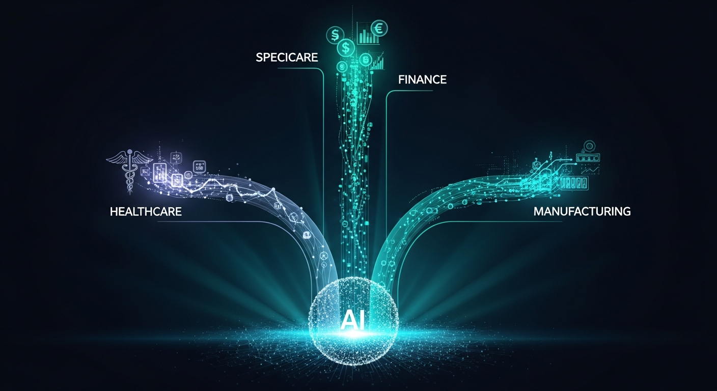 Visual showing specialized domain AI models for healthcare, finance, and manufacturing branching from a general-purpose language model foundation