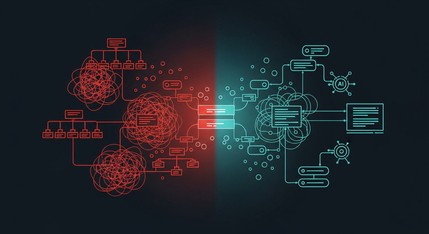 Visualization contrasting fragmented enterprise AI adoption with integrated organized AI systems