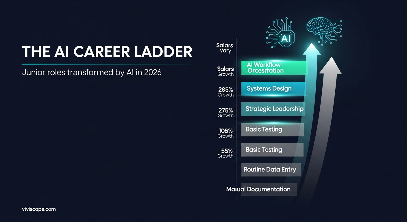 Career ladder diagram showing traditional entry-level rungs being transformed by AI automation, with new rungs representing AI-augmented skills and higher-value work for junior professionals