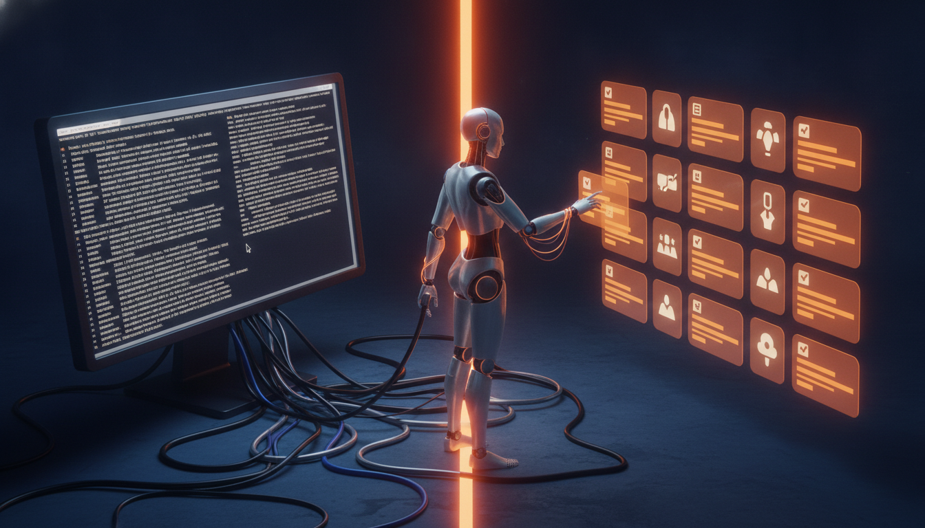 Split illustration: on the left an AI robot plugged into a tangle of cables behind a terminal screen full of commands, on the right the same robot touching a neat glowing grid of labeled capability cards