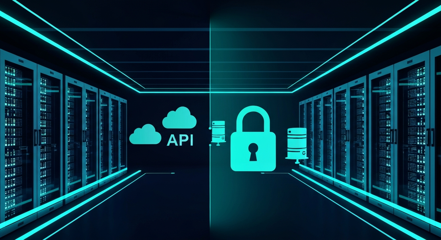Enterprise data center with on-premises AI infrastructure running self-hosted language models alongside cloud architecture diagram