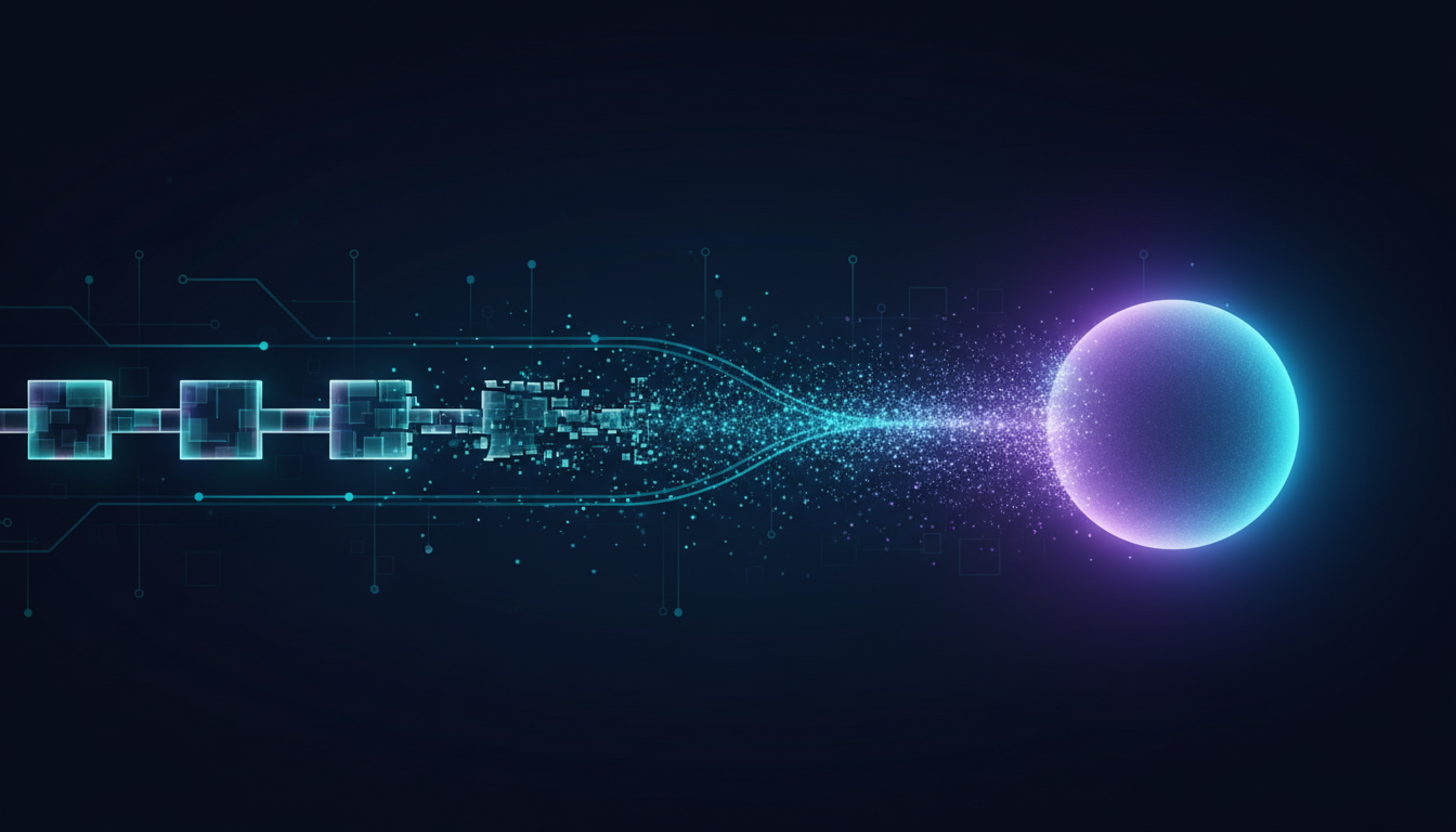 A linear chain of workflow modules dissolving into a single glowing AI agent node with light streams flowing end-to-end