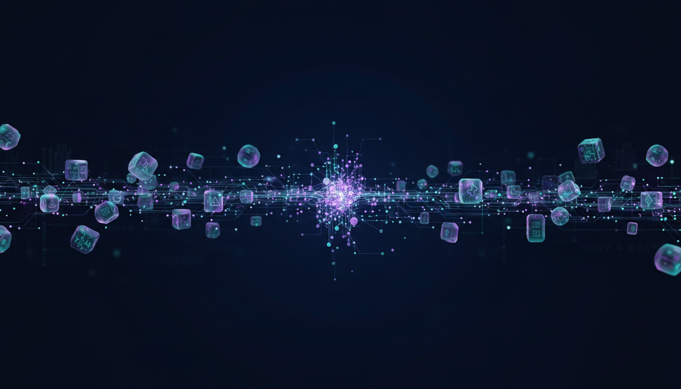 Scattered tool icons radiating connections to a central luminous orchestration hub, representing a central nervous system tying a toolstack together