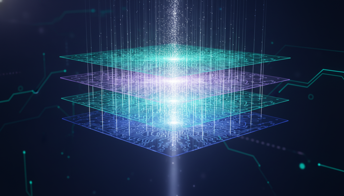 Four stacked translucent layers merging into a single unified luminous stream, representing AI, ML, RPA and integration converging into hyperautomation
