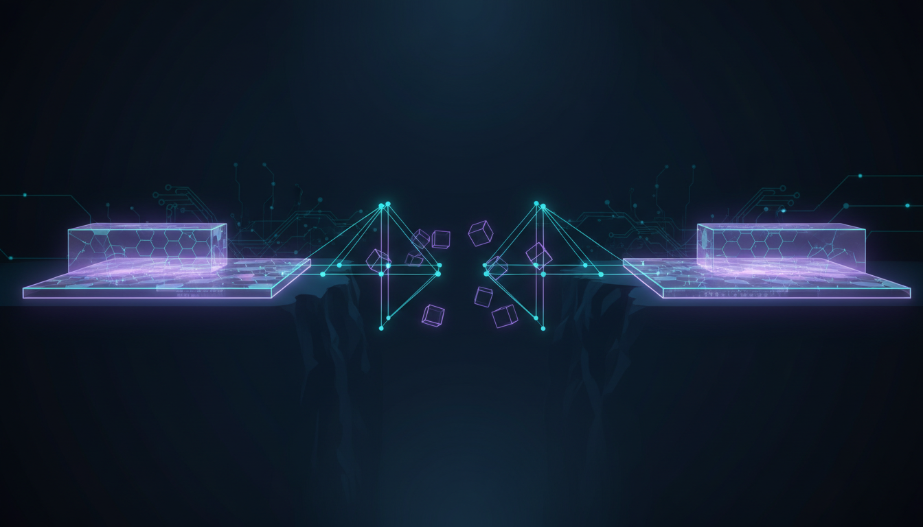 Two elevated luminous platforms separated by a dark chasm, with an unfinished scaffold bridge of glowing beams spanning part of the gap, representing the implementation gap between capability and scaled outcomes