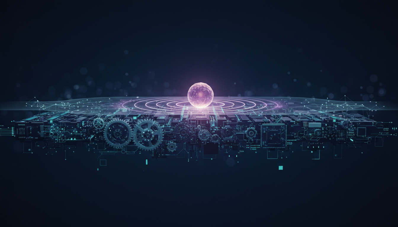 A cross-section showing dense automated circuitry on a lower layer and a single radiant decision-node with ripples on the upper layer, representing automation below and human judgment above