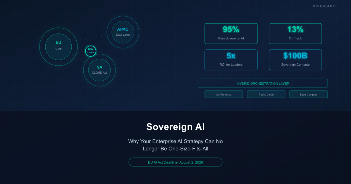 Enterprise sovereign AI architecture diagram showing multi-region deployment with governance layers across jurisdictions