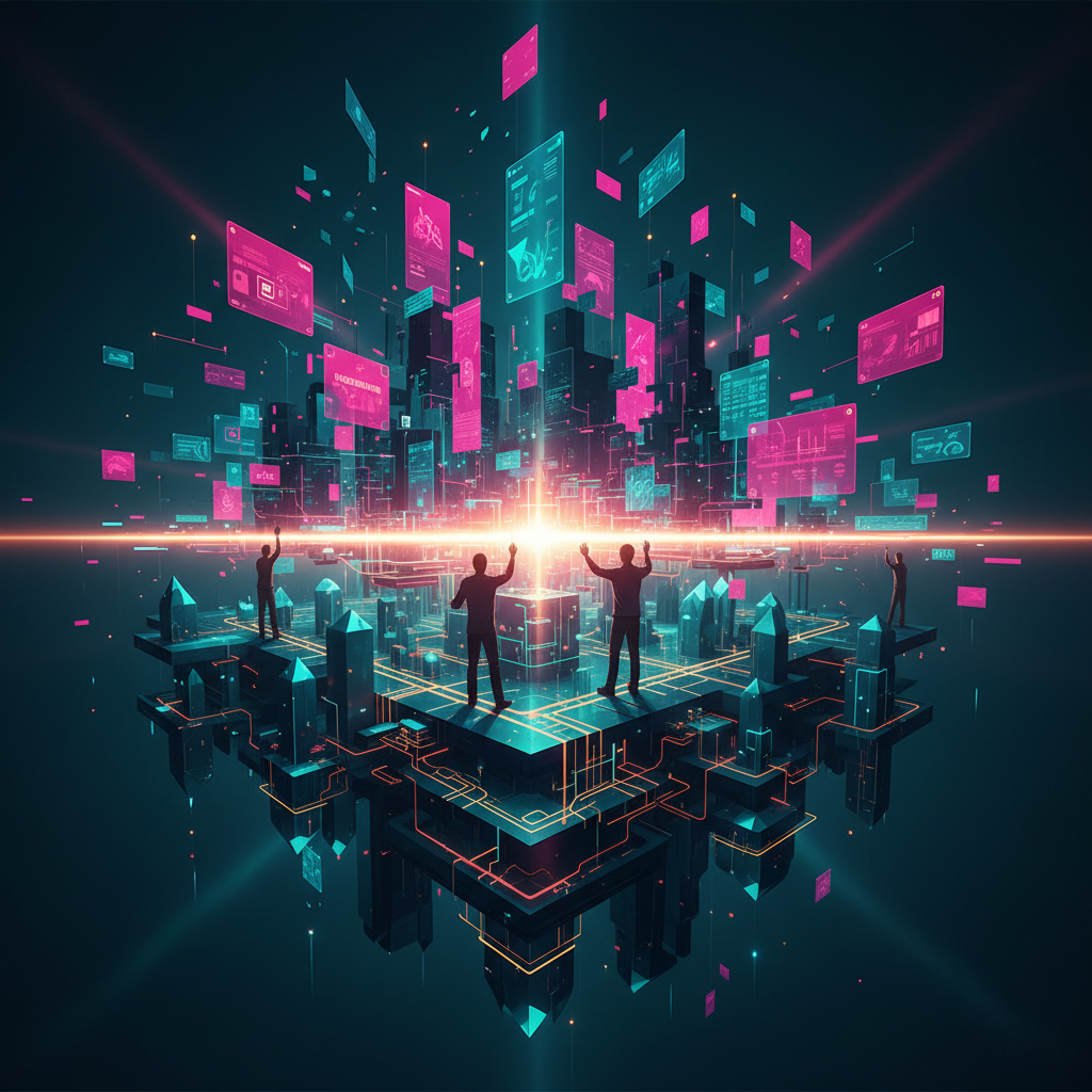 A vibrant layered futuristic cityscape split at a glowing seam — fragmented AI-generated software pieces above and intricate enterprise architecture foundations below — with silhouettes of human architects sculpting pathways at the boundary