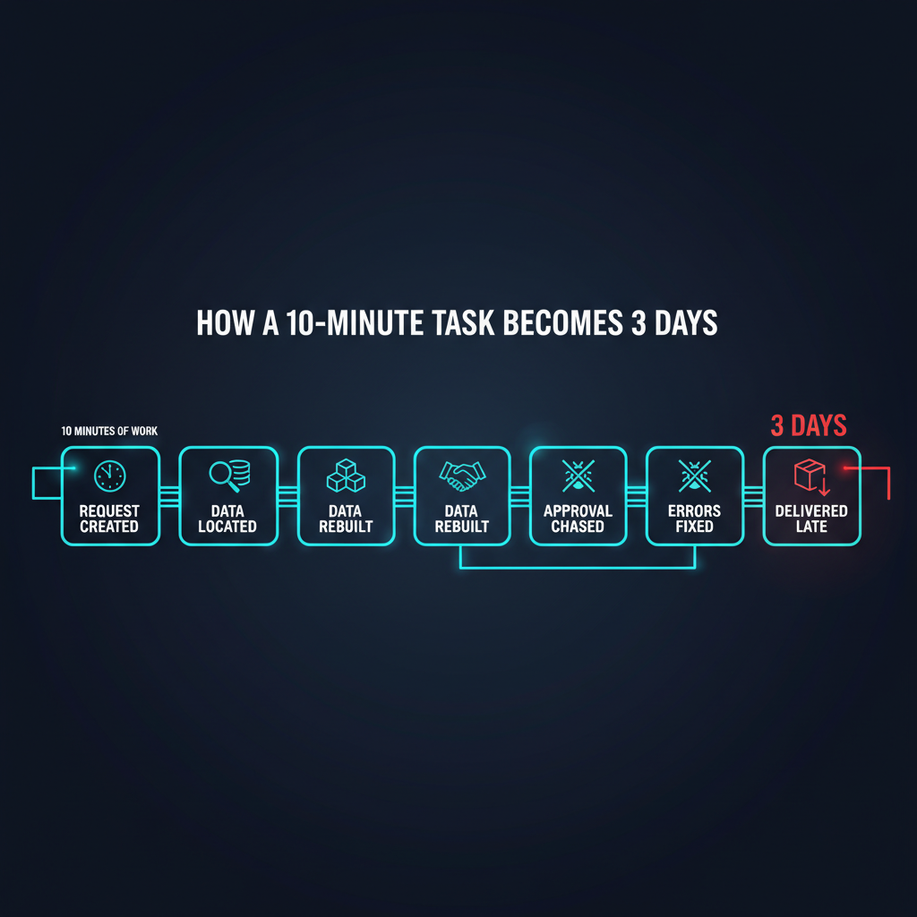 Six-step horizontal process timeline showing how a 10-minute task expands into 3 days: Request Created, Data Located, Data Rebuilt, Approval Chased, Errors Fixed, Delivered Late