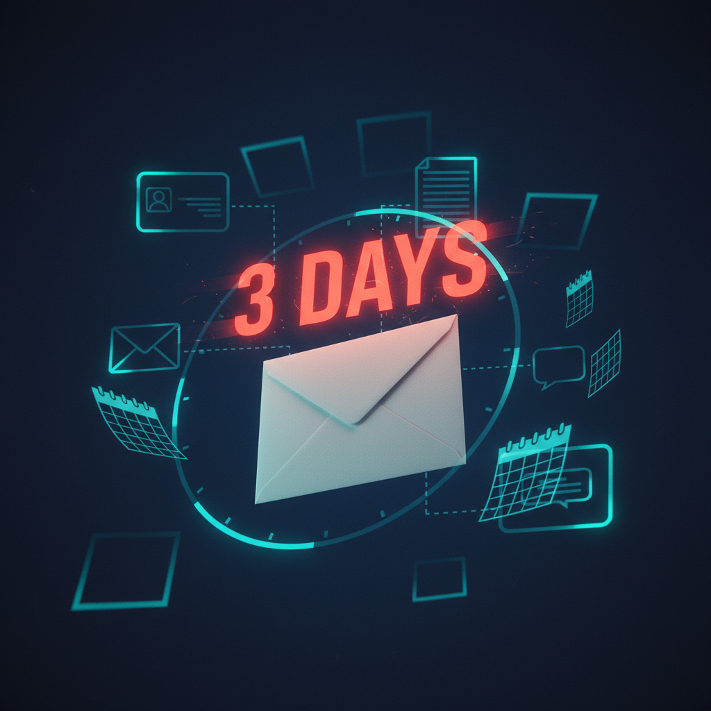 A single business document suspended mid-flight surrounded by faint clock and calendar imagery, with the words 3 DAYS floating above it as time leaks out of the task