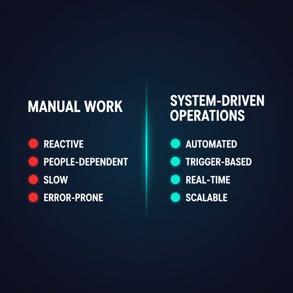 Side-by-side comparison: Manual Work is reactive, people-dependent, slow, and error-prone. System-Driven Operations are automated, trigger-based, real-time, and scalable