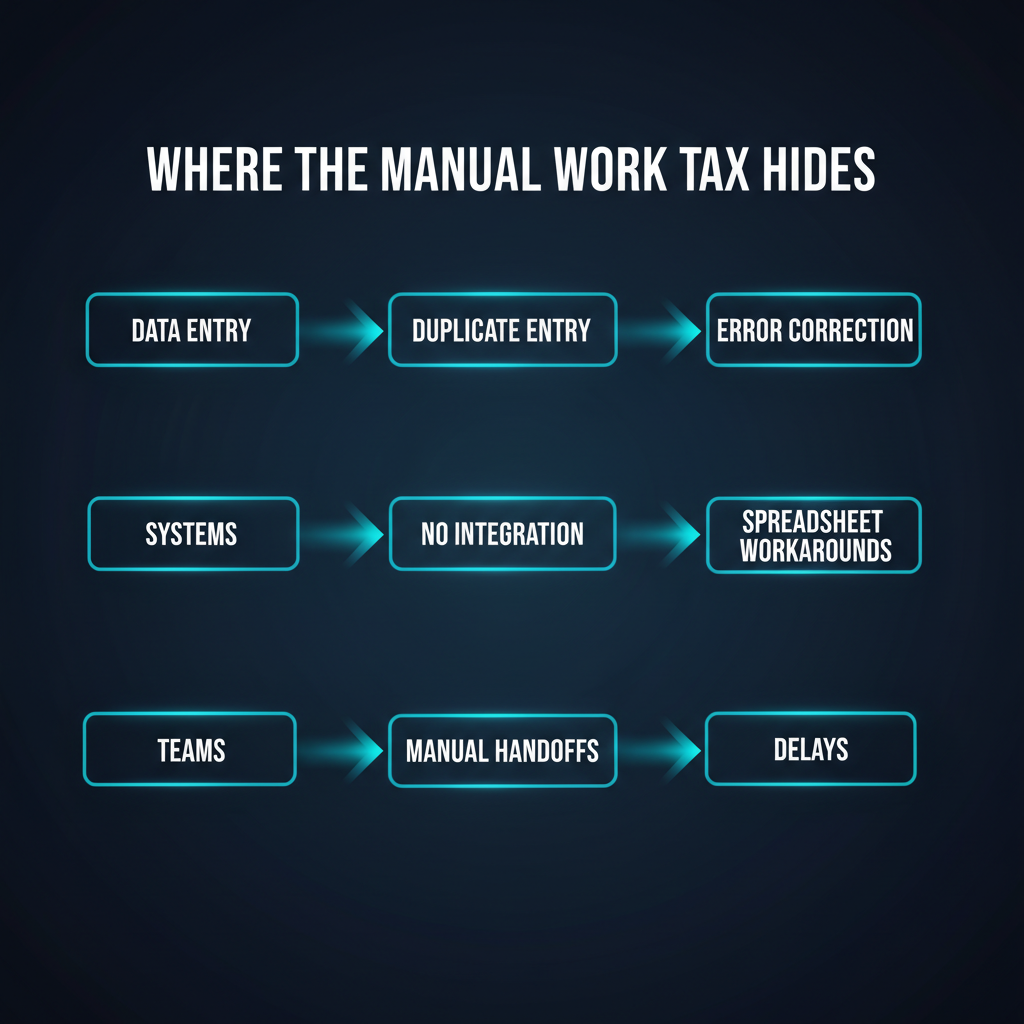 Three-row infographic showing where the Manual Work Tax hides: Data Entry leads to Duplicate Entry leads to Error Correction; Systems leads to No Integration leads to Spreadsheet Workarounds; Teams leads to Manual Handoffs leads to Delays